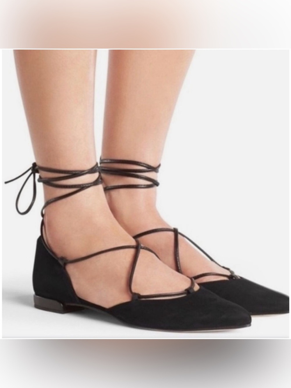 Stuart Weitzman Black Suede Lace-Up Pointed-Toe Flats